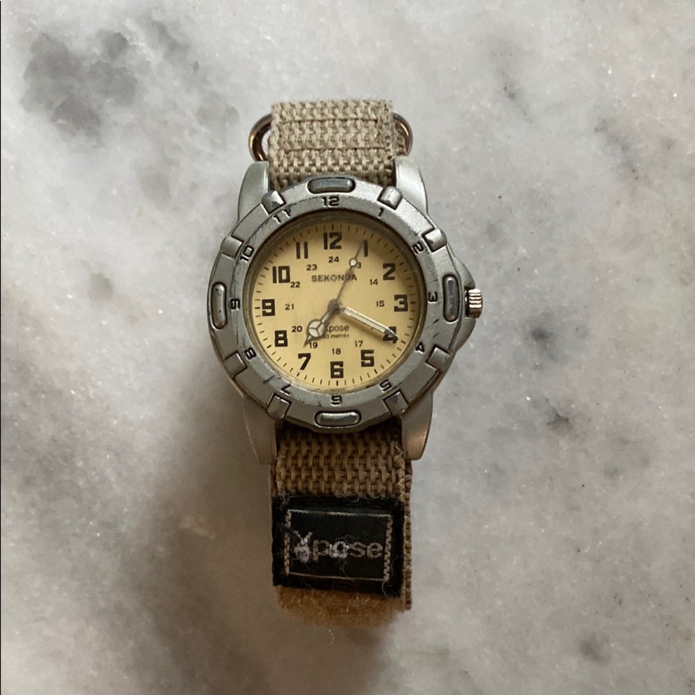 Vintage Sekonda Tan and Silver Chronograph Watch with Canvas Strap